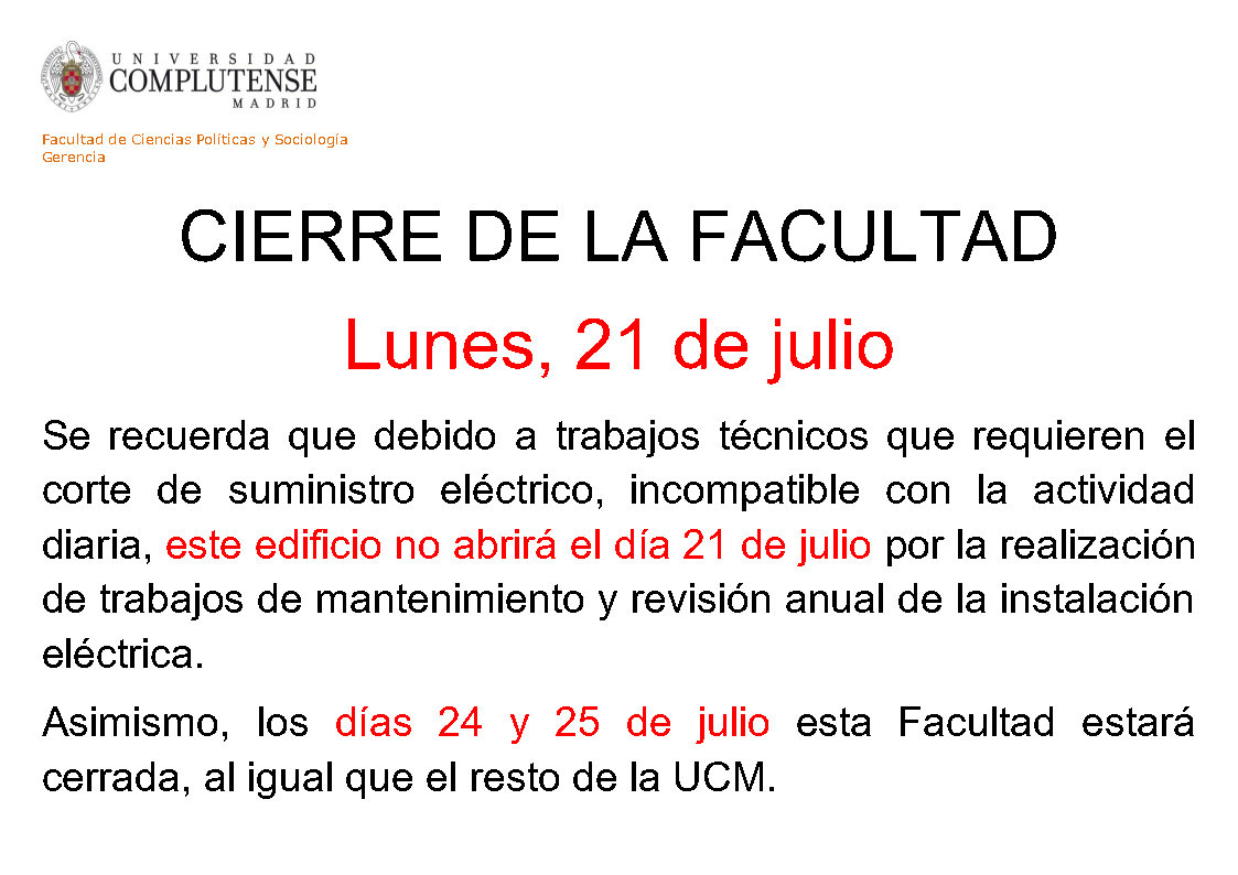 Aviso cierre Facultad 21 julio